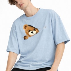 MN - Bear Baskılı Oversize Tişört AÇIK MAVİ