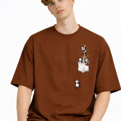 Panda - Baskılı Oversize Tişört KAHVE