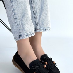 Boriy Siyah Deri Tozu Süet Babet Ayakkabı