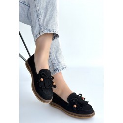 Boriy Siyah Deri Tozu Süet Babet Ayakkabı