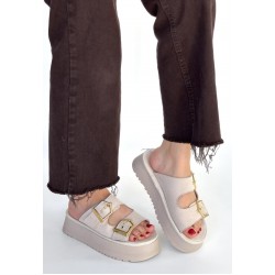 Coer Bej Süet Çift Tokalı Terlik