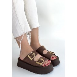 Coer Kahverengi Süet Çift Tokalı Terlik