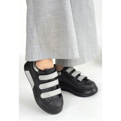 Elika Siyah Cilt Simli Cırt Cırtlı Spor Ayakkabı