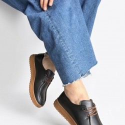 Guot Siyah Cilt Bağcıklı Babet Ayakkabı