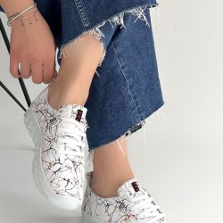 Jiten Beyaz Desenli Deri Bağcıklı Spor Ayakkabı