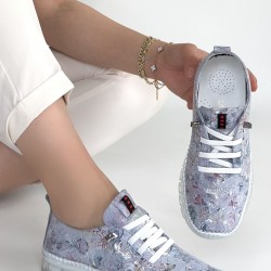 Jiten Lila Desenli Deri Bağcıklı Spor Ayakkabı