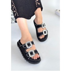 Juana Siyah Nubuk  Taşlı Terlik