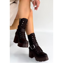 Linma Acı Kahve Cilt Bağcıklı Topuklu Bot