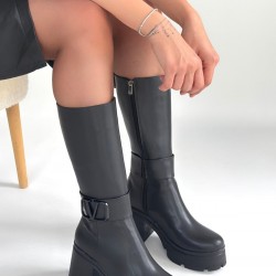 Moki Siyah Cilt Topuklu Çizme