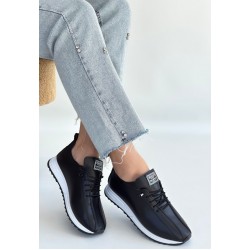 Monya Siyah Cilt Bağcıklı Spor Ayakkabı