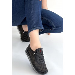 Otja Siyah Deri Lazerli Bağcıklı Spor Ayakkabı