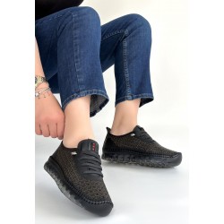 Otja Siyah Deri Lazerli Bağcıklı Spor Ayakkabı