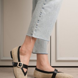 Ponti Siyah Cilt Hasır Detaylı Babet Ayakkabı