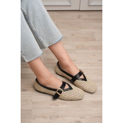 Ponti Siyah Cilt Hasır Detaylı Babet Ayakkabı