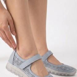 Sina Mavi Deri Cırt Cırtlı Babet Ayakkabı