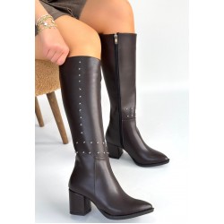 Tiyan Kahverengi Cilt Topuklu Çizme