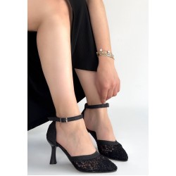 Weja Siyah Cilt Tül Detaylı Topuklu Ayakkabı