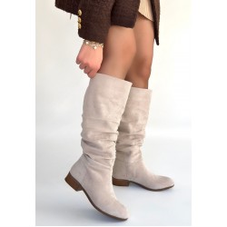 Winda Bej Süet Körüklü Topuklu Çizme