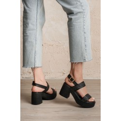 Wowi Siyah Cilt Baskılı Topuklu Sandalet