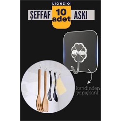 Mey İthalat® 10'lu Şeffaf Kendinden Yapışkanlı Güçlü Askı Kancası, Banyo Mutfak Organizer, İz Bırakmaz Pratik Askı