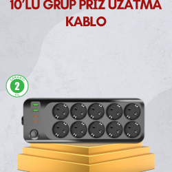 Mey İthalat® 10 Prizli Uzatma Kablosu Termal Koruma USB Type-C Hızlı Şarj 2500W