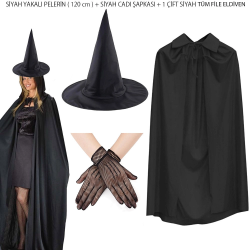 Mey İthalat® 120 cm Siyah Yakalı Cadı Pelerini Cadı Şapkası ve 1 Çift Siyah Kısa File Tüm Eldiven Seti 3 Parça