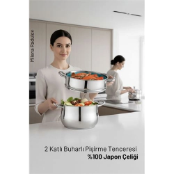 Mey İthalat® 2 Katlı Japon Çeliği Buharlı Pişirme Tenceresi – Sağlıklı Yemek Sanatı