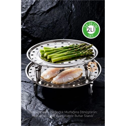 Mey İthalat® 2'li Set Inox Çelik Ayaklı Buharlı Pişirme Aparatı -  24+28 cm Çok Amaçlı Tencere İçi Haşlama Standı