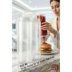 Mey İthalat® 2'li Sos Şişesi, Ketçap Mayonez Hardal ve Zeytinyağı Şişesi Seti - 1000 ml Sızdırmaz Kapaklı Profesyonel Mutfak Dispenseri