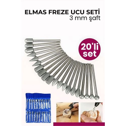 Mey İthalat® 20 Parça Profesyonel Elmas Freze Ucu Seti - 3mm Şaft Gravür, Taş ve Cam İşleme Taşlama Seti