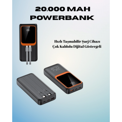 Mey İthalat® 20000 mAh Powerbank | Çok Kablolu, Dijital Göstergeli, Yüksek Hızlı Şarj Cihazı