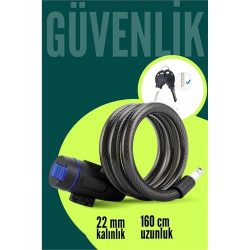 Mey İthalat® 22mm Çelik Halatlı Bisiklet Kilidi - 160cm Anahtarlı Scoooter Motosiklet Kilidi