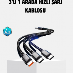 Mey İthalat® 3 Başlıklı Hızlı Şarj Kablosu Metal Alaşımlı Dayanıklı ve Akıllı Çipli