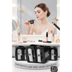 Mey İthalat® 3'lü Profesyonel Çift Bıçaklı Makyaj Kalemi Açacağı - Alman Çeliği Keskinliği & Şeffaf Hazneli