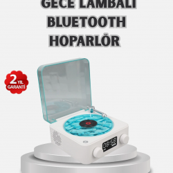 Mey İthalat® 3-ü-1 Gece Işığı Bluetooth Hoparlör Dijital Saat Vintage Plak Çalar Tasarımlı