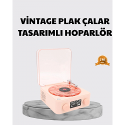 Mey İthalat® 3-ü-1 Gece Işığı Bluetooth Hoparlör ve Dijital Saat Vintage Plak Çalar Tasarımlı