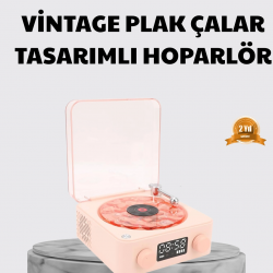 Mey İthalat® 3-ü-1 Gece Işığı Bluetooth Hoparlör ve Dijital Saat Vintage Plak Çalar Tasarımlı
