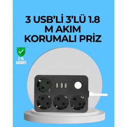 Mey İthalat® 3 USB Çıkışlı 4’lü Akıllı Priz 2500W 2 Metre Kablo