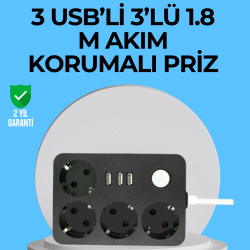 Mey İthalat® 3 USB Çıkışlı 4’lü Akıllı Priz 2500W 2 Metre Kablo