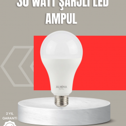 Mey İthalat® 30W Şarjlı LED Ampul E27 Duy %80 Enerji Tasarruflu Soğuk Beyaz