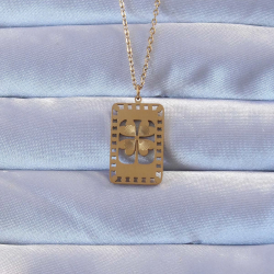 Mey İthalat® 316L Altın Renk İşlemeli Yonca Model Vintage Kolye