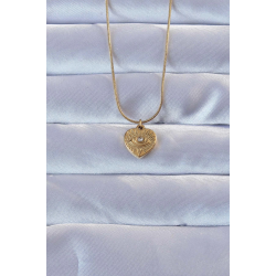 Mey İthalat® 316L Altın Renk Zirkon Taşlı İşlemeli Göz Detay Kalp Kolye