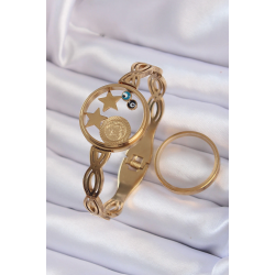 Mey İthalat® 316L Çelik Altın Renk İçi Nazar Boncuk ve Yıldız Figürlü Açılabilir Fanus Kelepçe