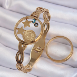 Mey İthalat® 316L Çelik Altın Renk İçi Nazar Boncuk ve Yıldız Figürlü Açılabilir Fanus Kelepçe