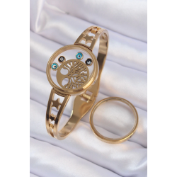 Mey İthalat® 316L Çelik Altın Renk İçi Yaşam Ağacı ve Nazar Boncuk Figürlü Açılabilir Fanus Kelepçe