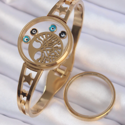 Mey İthalat® 316L Çelik Altın Renk İçi Yaşam Ağacı ve Nazar Boncuk Figürlü Açılabilir Fanus Kelepçe