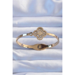 Mey İthalat® 316L Çelik Altın Renk Zirkon Taşlı Simli Yonca Kelepçe