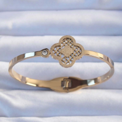 Mey İthalat® 316L Çelik Altın Renk Zirkon Taşlı Simli Yonca Kelepçe