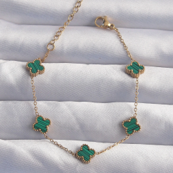 Mey İthalat® 316L Çelik Baby Boy Gold Renk Çizgili Yeşil Mineli Yonca Bileklik