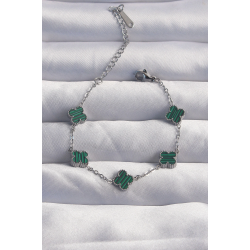 Mey İthalat® 316L Çelik Baby Boy Gümüş Renk Çizgili Yeşil Mineli Yonca Bileklik